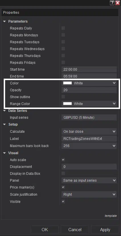 customize the plot colors, opacity - Trading Zones With Extension - Premium NInjaTrader 8