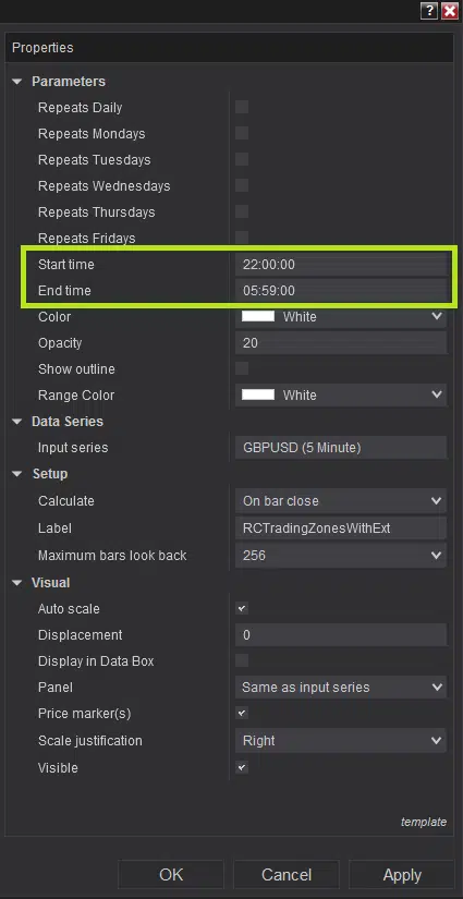 choose start and end time of initial balance - Trading Zones With Extension - Premium NInjaTrader 8
