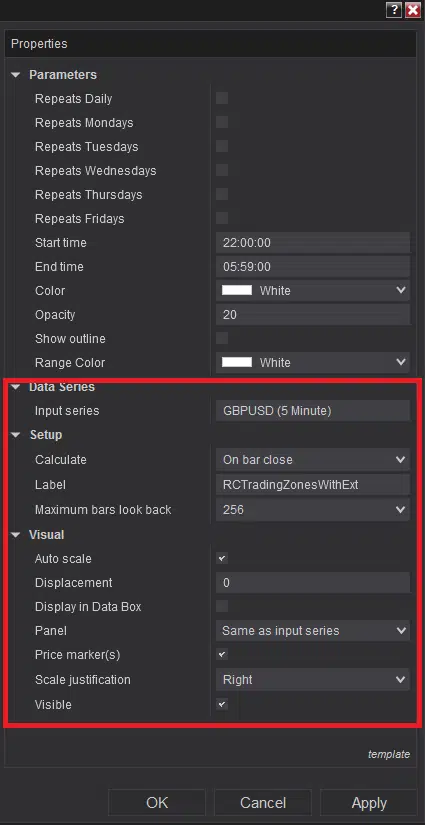 default settings - Trading Zones With Extension - Premium NInjaTrader 8